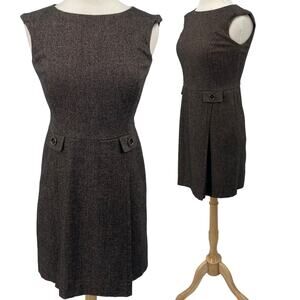 Ann Taylor Shift Dress Front Button Pleats Virgin Wool Brown Petite Womens 4P